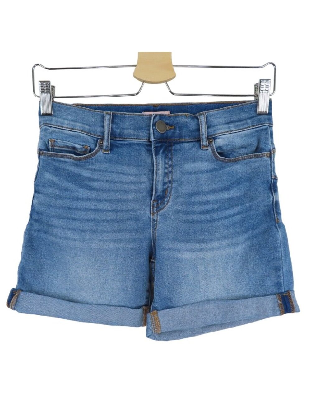 Juicy Couture Women 2 Solid Blue Stretch Denim Roll Cuff Jean Shorts Pockets